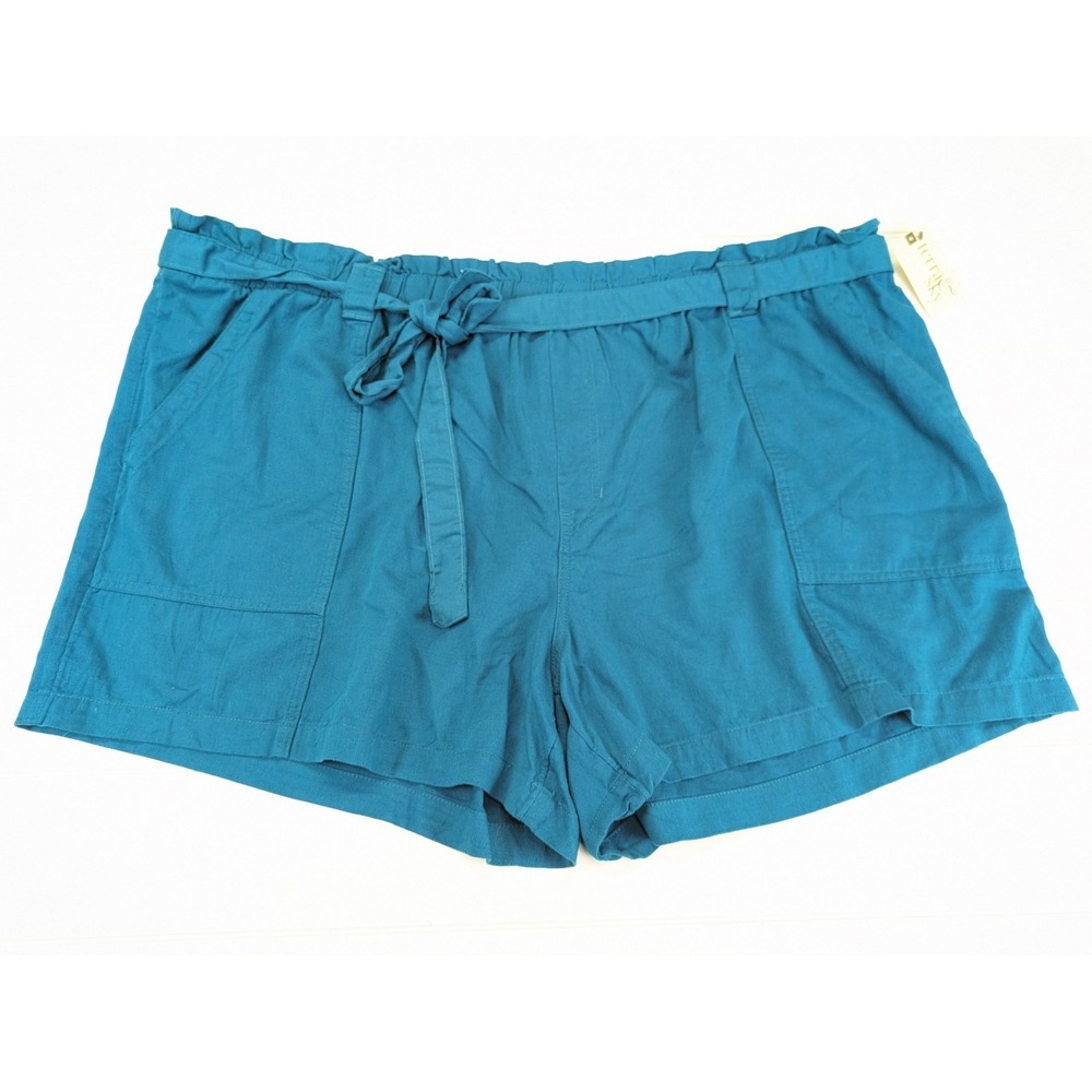 Women's Paper Bag Shorts Size 3X Teal Linen Loose Elastic Waist Belt Resort Wear